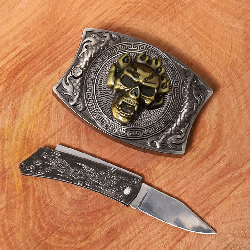Cintura in pelle con coltello pieghevole nascosto a forma di teschio di fiamma fai da te da uomo