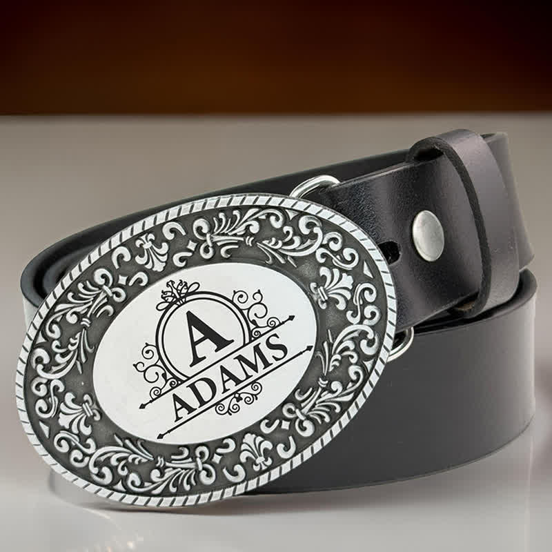 Cintura in pelle con fibbia fai da te con monogramma inciso personalizzato e nome rotondo - image 0