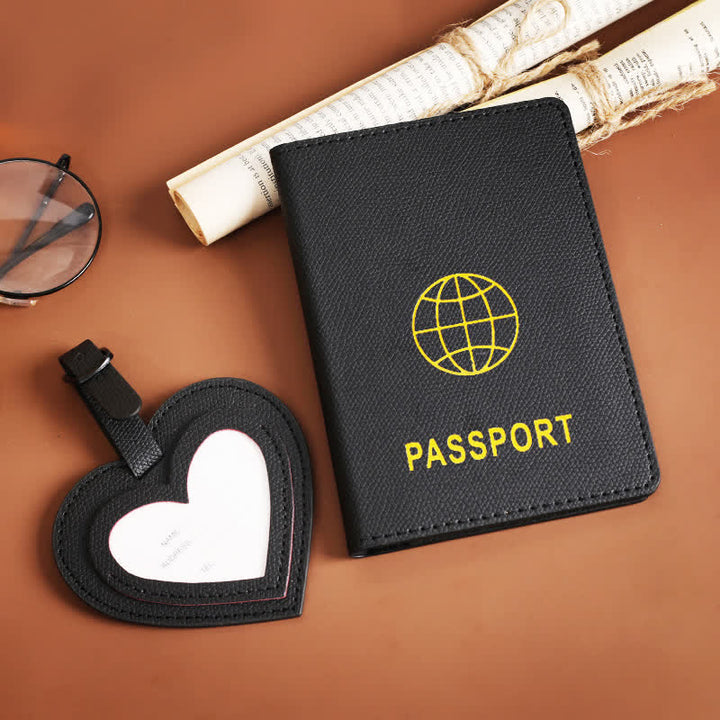 2 pezzi di copertina per passaporto in tinta unita e targhetta per bagaglio in pelle a forma di cuore