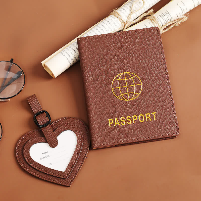 2 pezzi di copertina per passaporto in tinta unita e targhetta per bagaglio in pelle a forma di cuore