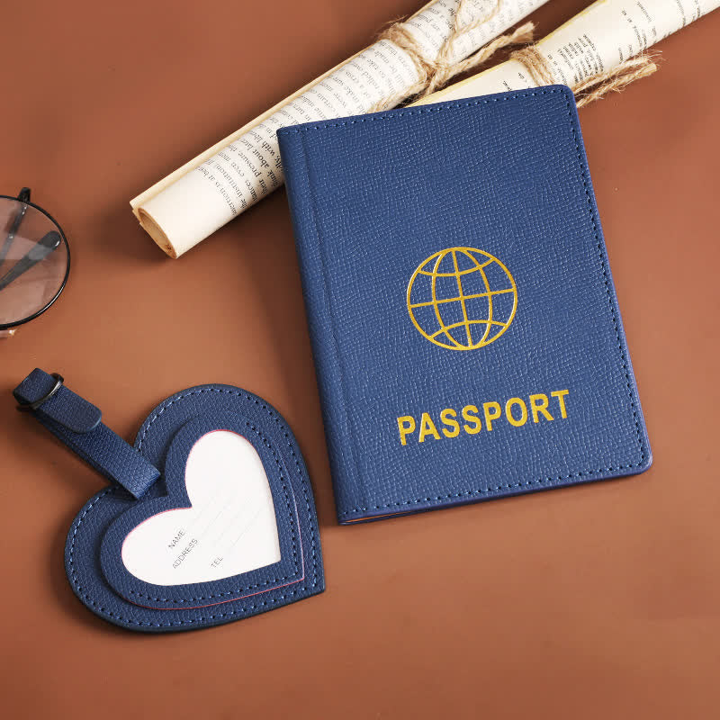 2 pezzi di copertina per passaporto in tinta unita e targhetta per bagaglio in pelle a forma di cuore