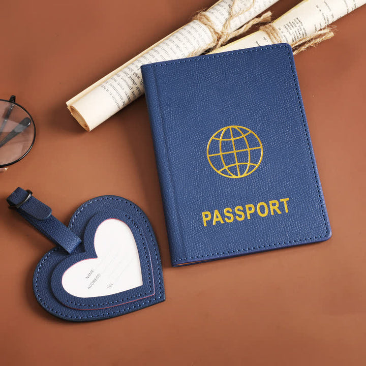 2 pezzi di copertina per passaporto in tinta unita e targhetta per bagaglio in pelle a forma di cuore