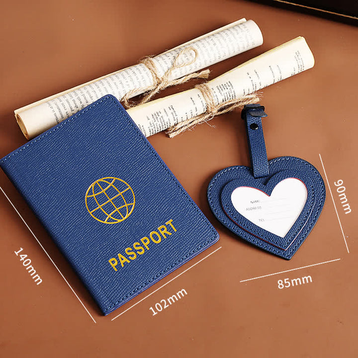 2 pezzi di copertina per passaporto in tinta unita e targhetta per bagaglio in pelle a forma di cuore