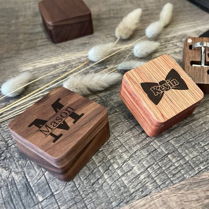 1 paio di gemelli in legno classici con nome personalizzato con scatola - image 4