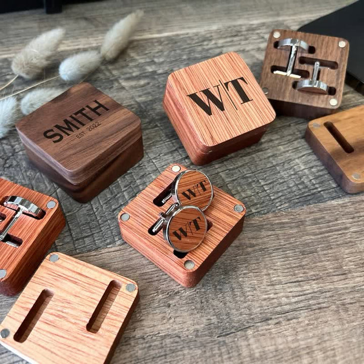 1 paio di gemelli in legno classici con nome personalizzato con scatola - image 6