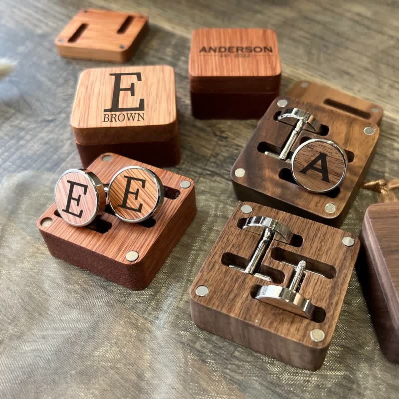1 paio di gemelli in legno classici con nome personalizzato con scatola