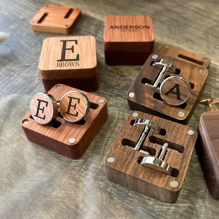1 paio di gemelli in legno classici con nome personalizzato con scatola