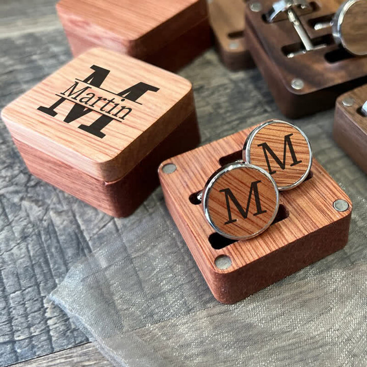 1 paio di gemelli in legno classici con nome personalizzato con scatola