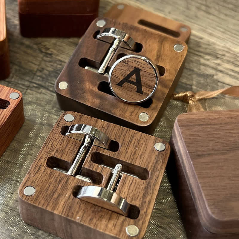 1 paio di gemelli in legno classici con nome personalizzato con scatola - Noce - image 7