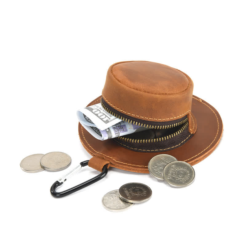 Borsa in pelle con monete retrò a forma di cappello da cowboy western