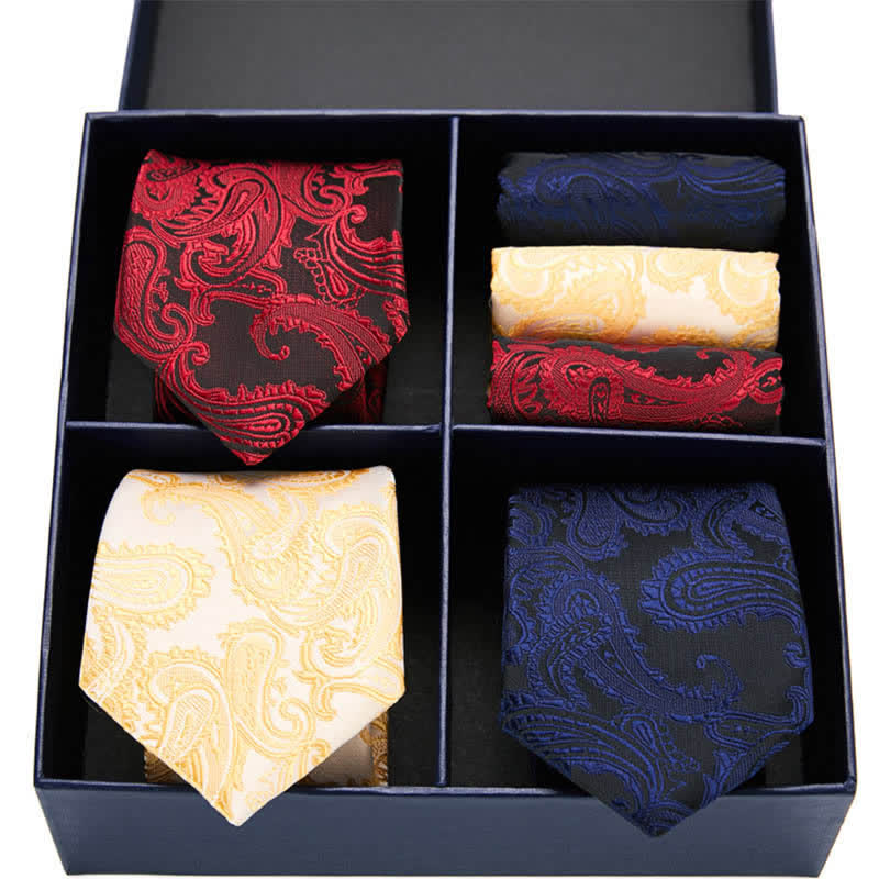 Set di 6 cravatte e fazzoletti da taschino con motivo Paisley da uomo, in scatola regalo a quattro griglie