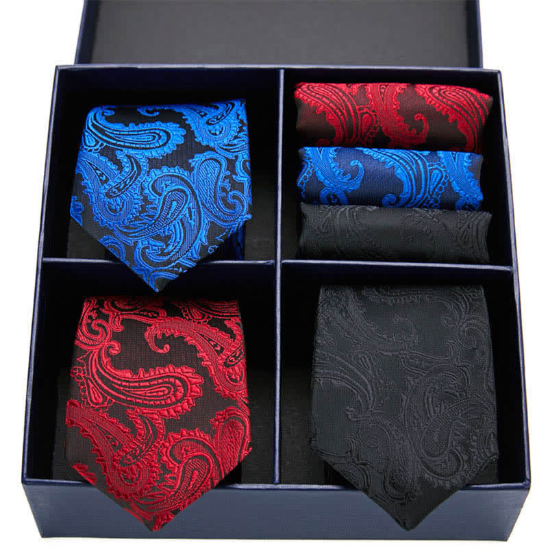 Set di 6 cravatte e fazzoletti da taschino con motivo Paisley da uomo, in scatola regalo a quattro griglie - Blu, rosso e nero - image 0