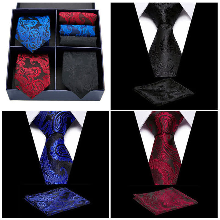 Set di 6 cravatte e fazzoletti da taschino con motivo Paisley da uomo, in scatola regalo a quattro griglie