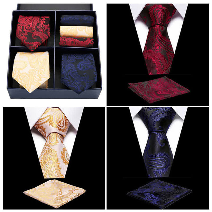 Set di 6 cravatte e fazzoletti da taschino con motivo Paisley da uomo, in scatola regalo a quattro griglie