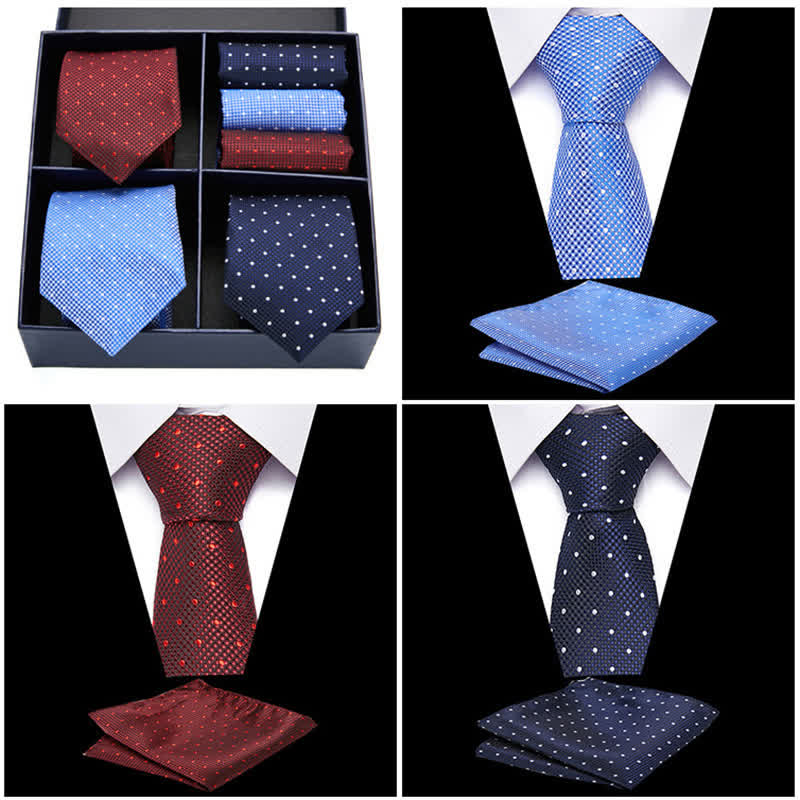 Set di 6 cravatte e fazzoletti da taschino da uomo bordeaux e blu a pois, in scatola regalo