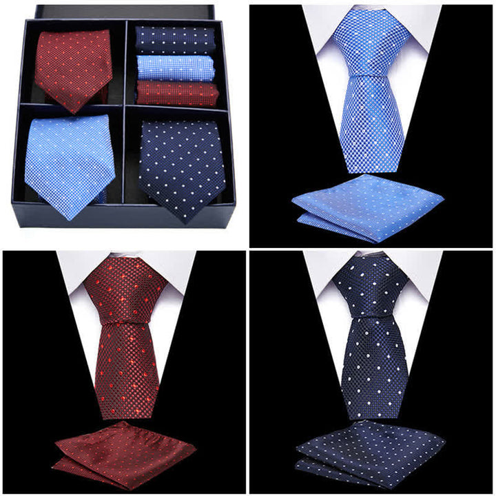 Set di 6 cravatte e fazzoletti da taschino da uomo bordeaux e blu a pois, in scatola regalo