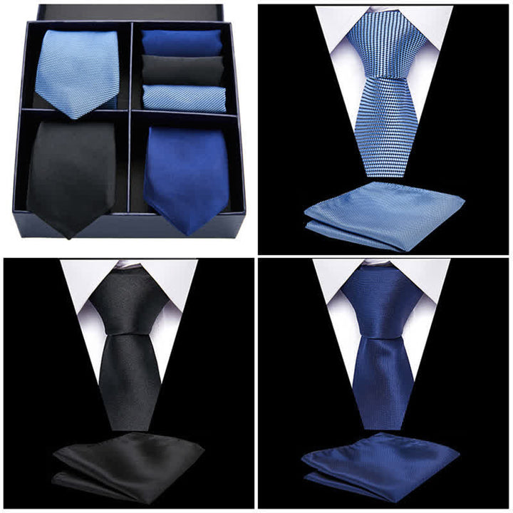 Set di 6 cravatte e fazzoletti da taschino da uomo blu e nero in confezione regalo