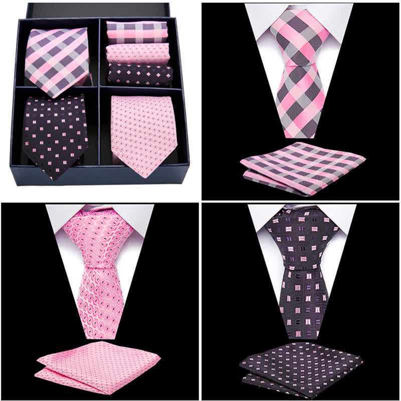 Set di 6 cravatte e fazzoletti da taschino a righe rosa e nere da uomo, in scatola regalo