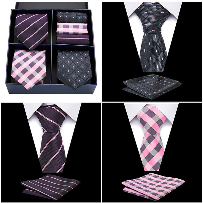 Set di 6 cravatte e fazzoletti da taschino a righe rosa e nere da uomo, in scatola regalo