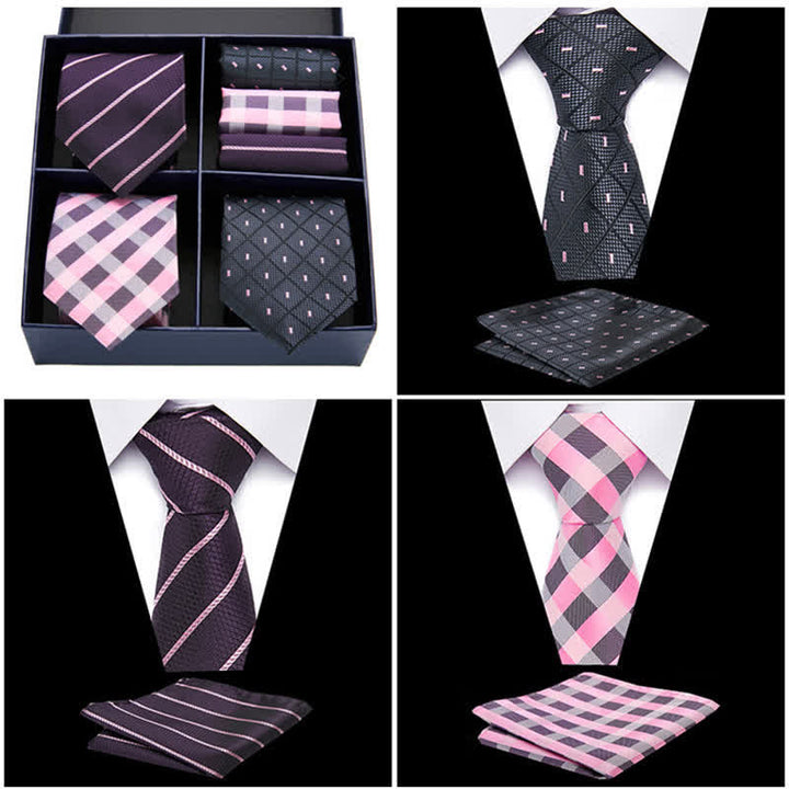 Set di 6 cravatte e fazzoletti da taschino a righe rosa e nere da uomo, in scatola regalo