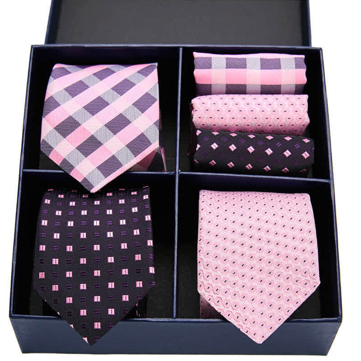 Set di 6 cravatte e fazzoletti da taschino a righe rosa e nere da uomo, in scatola regalo