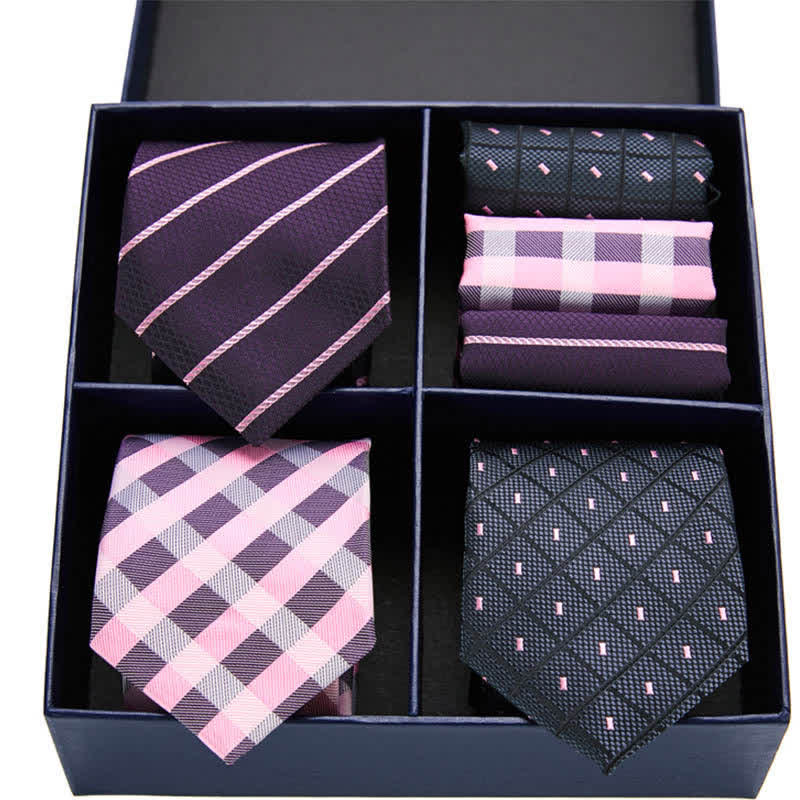 Set di 6 cravatte e fazzoletti da taschino a righe rosa e nere da uomo, in scatola regalo