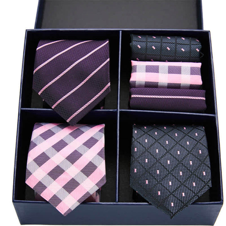 Set di 6 cravatte e fazzoletti da taschino a righe rosa e nere da uomo, in scatola regalo