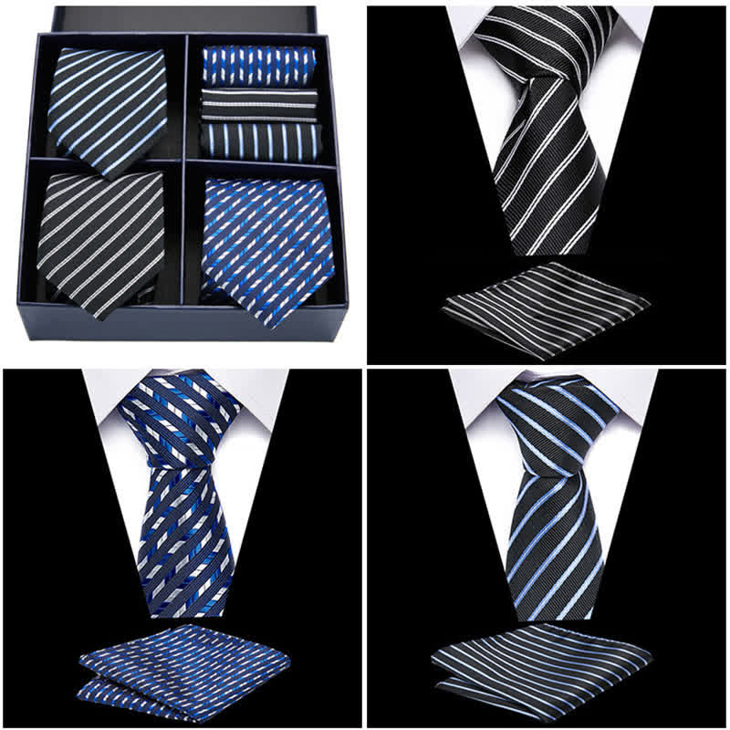 Set di 6 cravatte e fazzoletti da taschino a righe blu e nere da uomo, in scatola regalo
