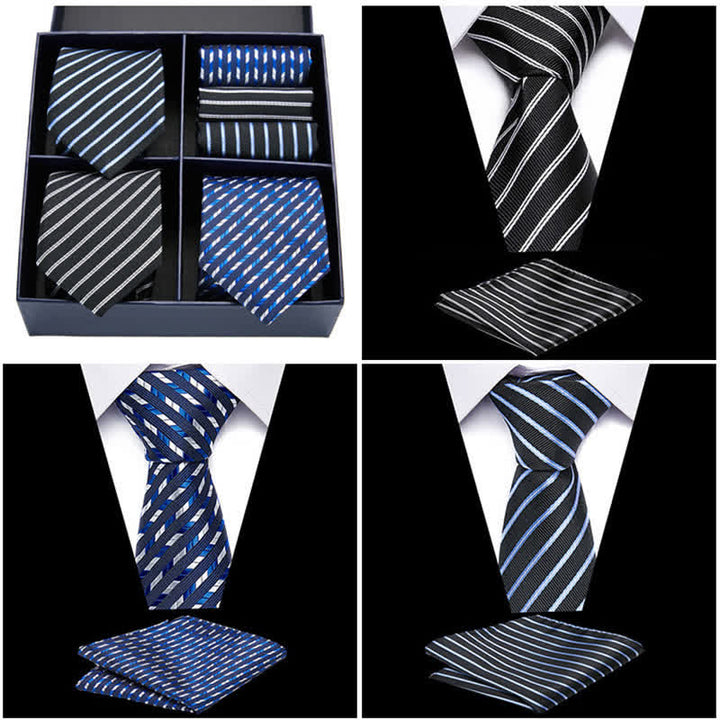 Set di 6 cravatte e fazzoletti da taschino a righe blu e nere da uomo, in scatola regalo
