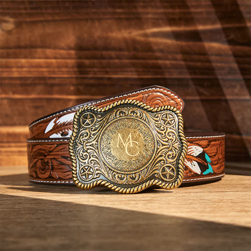 Cintura in pelle con fibbia western intagliata fai da te con monogramma personalizzato