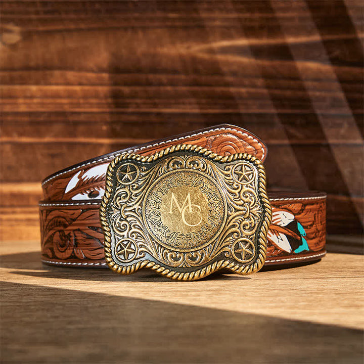 Cintura in pelle con fibbia western intagliata fai da te con monogramma personalizzato