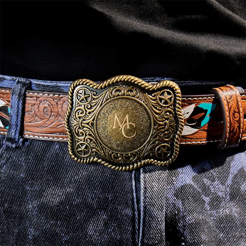 Cintura in pelle con fibbia western intagliata fai da te con monogramma personalizzato