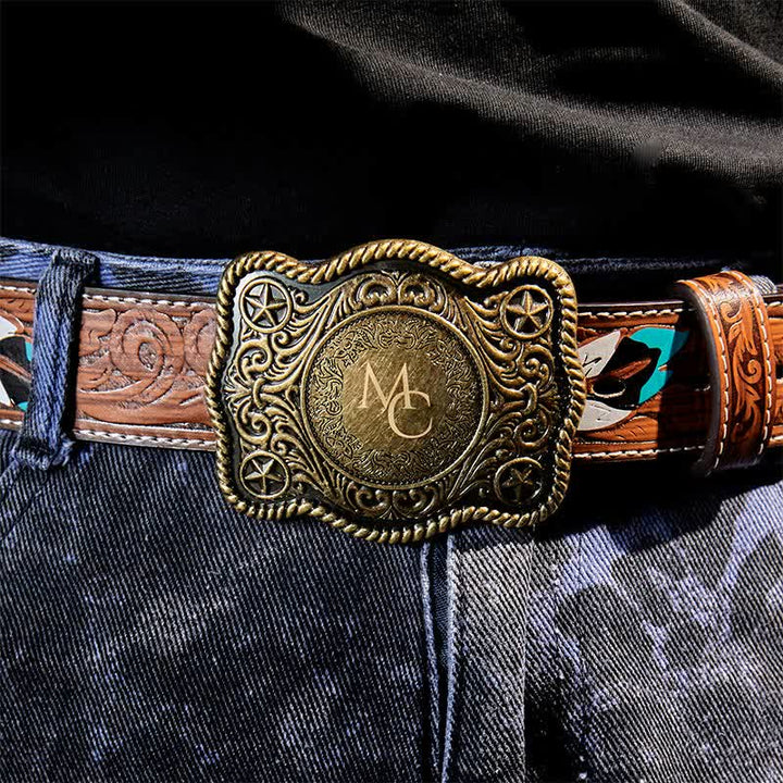 Cintura in pelle con fibbia western intagliata fai da te con monogramma personalizzato