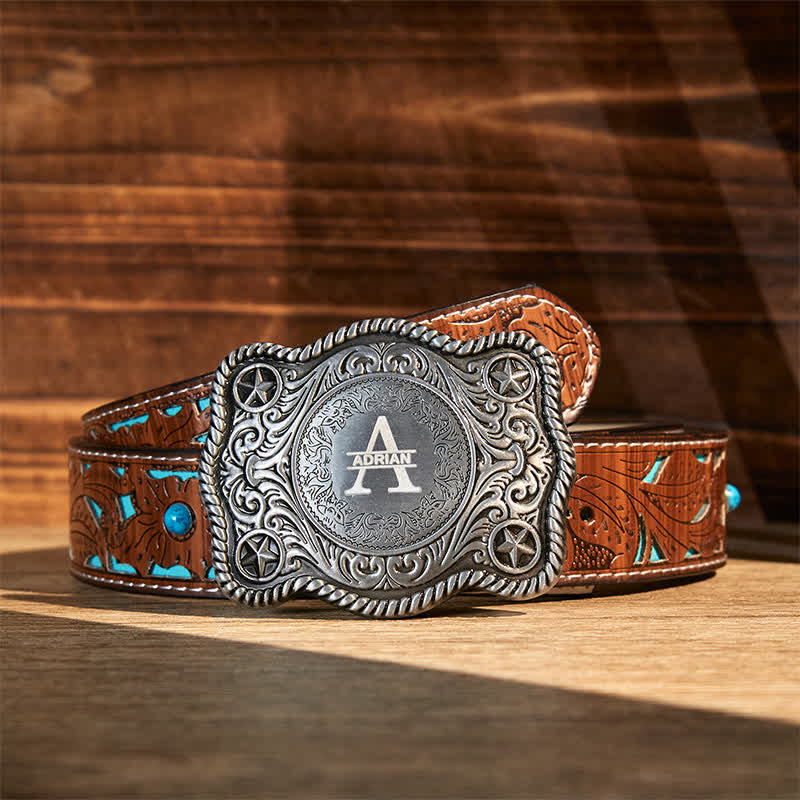 Cintura in pelle con fibbia western intagliata fai da te con monogramma personalizzato