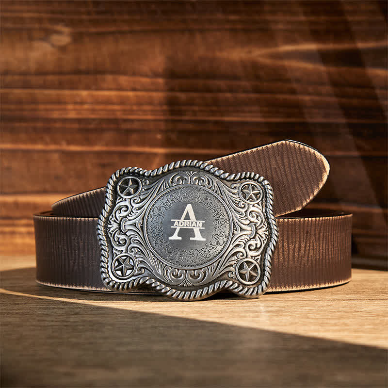 Cintura in pelle con fibbia western intagliata fai da te con monogramma personalizzato - Argento - Cintura marrone anticata - 42 - image 18