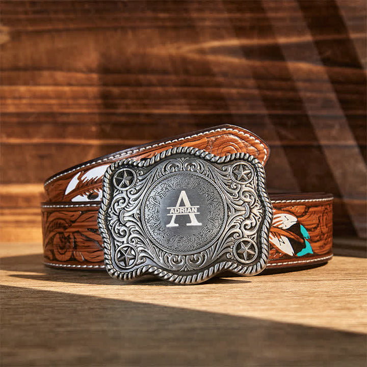 Cintura in pelle con fibbia western intagliata fai da te con monogramma personalizzato