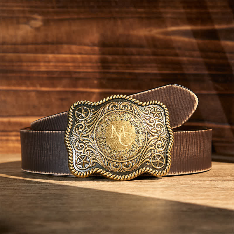 Cintura in pelle con fibbia western intagliata fai da te con monogramma personalizzato - Bronzo - Cintura marrone anticata - 42 - image 8