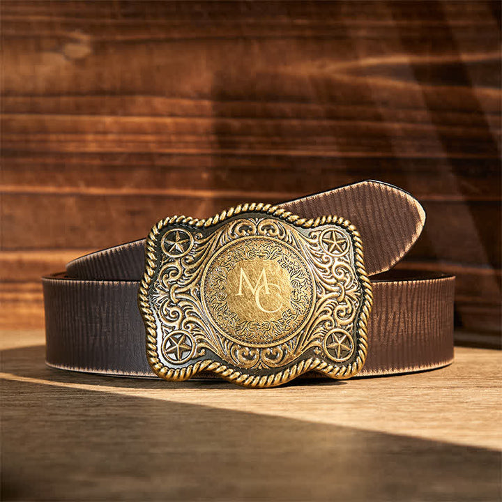 Cintura in pelle con fibbia western intagliata fai da te con monogramma personalizzato - Bronzo - Cintura marrone anticata - 42 - image 8