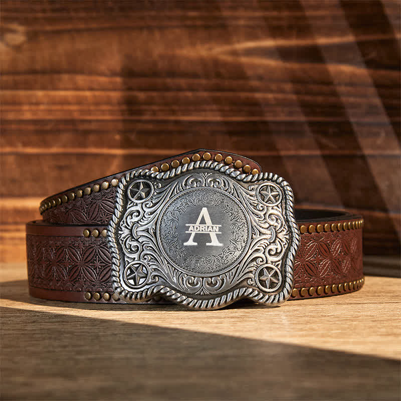 Cintura in pelle con fibbia western intagliata fai da te con monogramma personalizzato