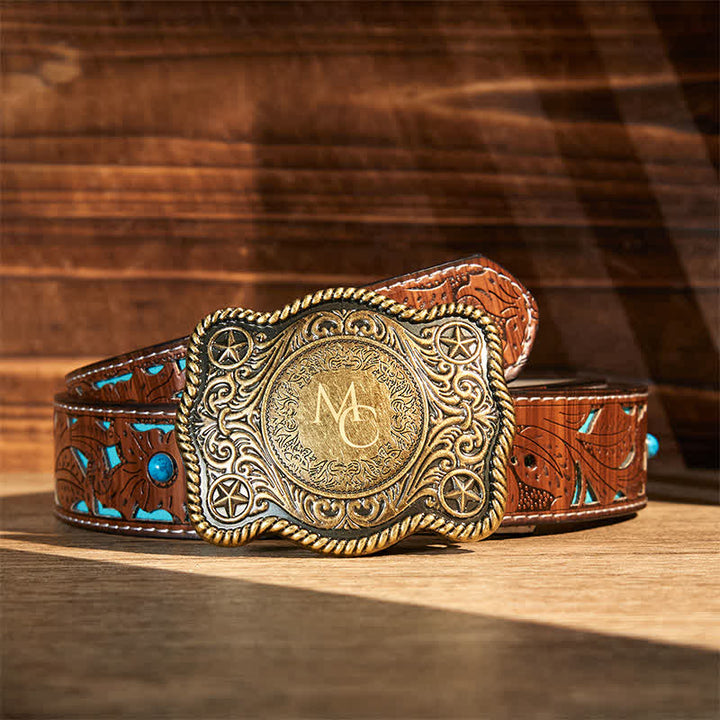 Cintura in pelle con fibbia western intagliata fai da te con monogramma personalizzato - Bronzo - Cintura intagliata turchese - 42 - image 6