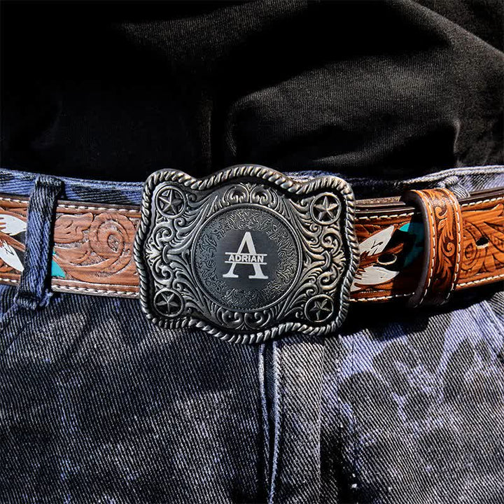 Cintura in pelle con fibbia western intagliata fai da te con monogramma personalizzato
