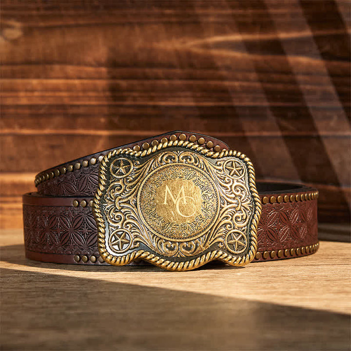 Cintura in pelle con fibbia western intagliata fai da te con monogramma personalizzato