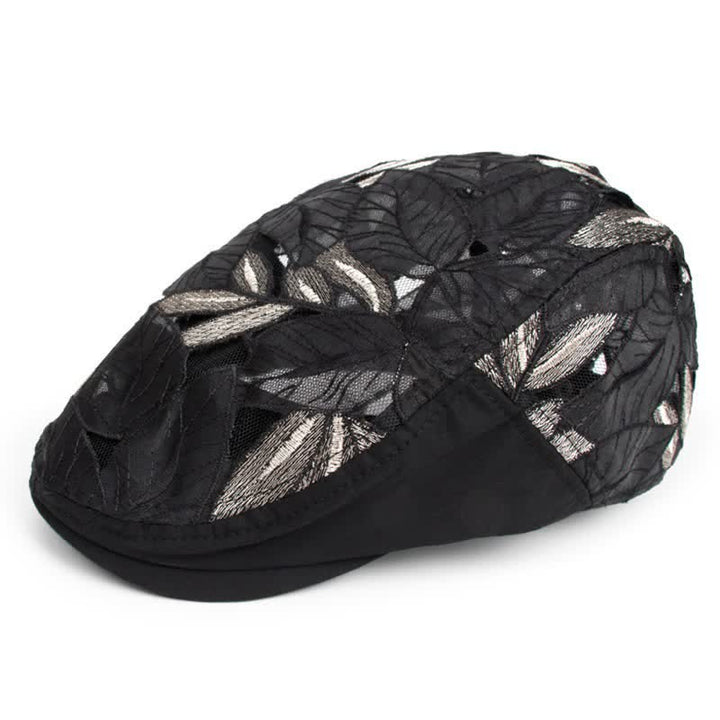 Cappello basco da donna con ricamo a foglie e rete traforata
