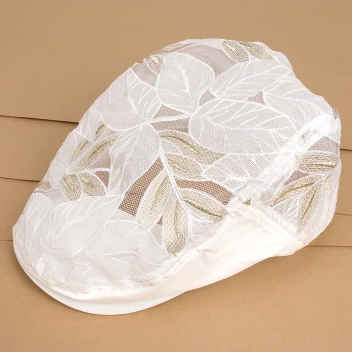 Cappello basco da donna con ricamo a foglie e rete traforata