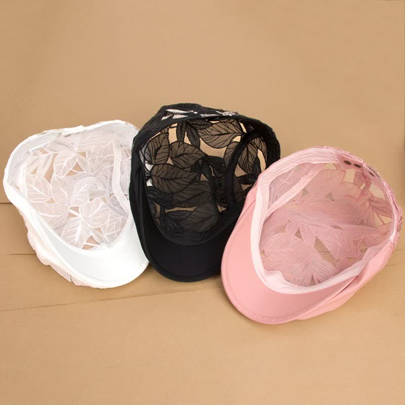 Cappello basco da donna con ricamo a foglie e rete traforata