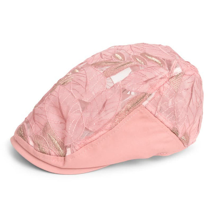 Cappello basco da donna con ricamo a foglie e rete traforata