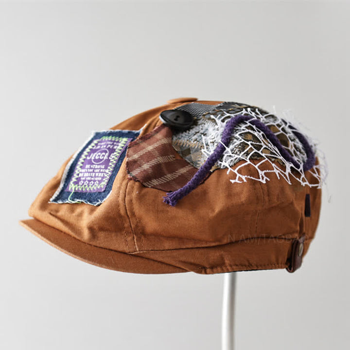 Cappello basco con bottoni in patchwork di stoffa stile street caramello