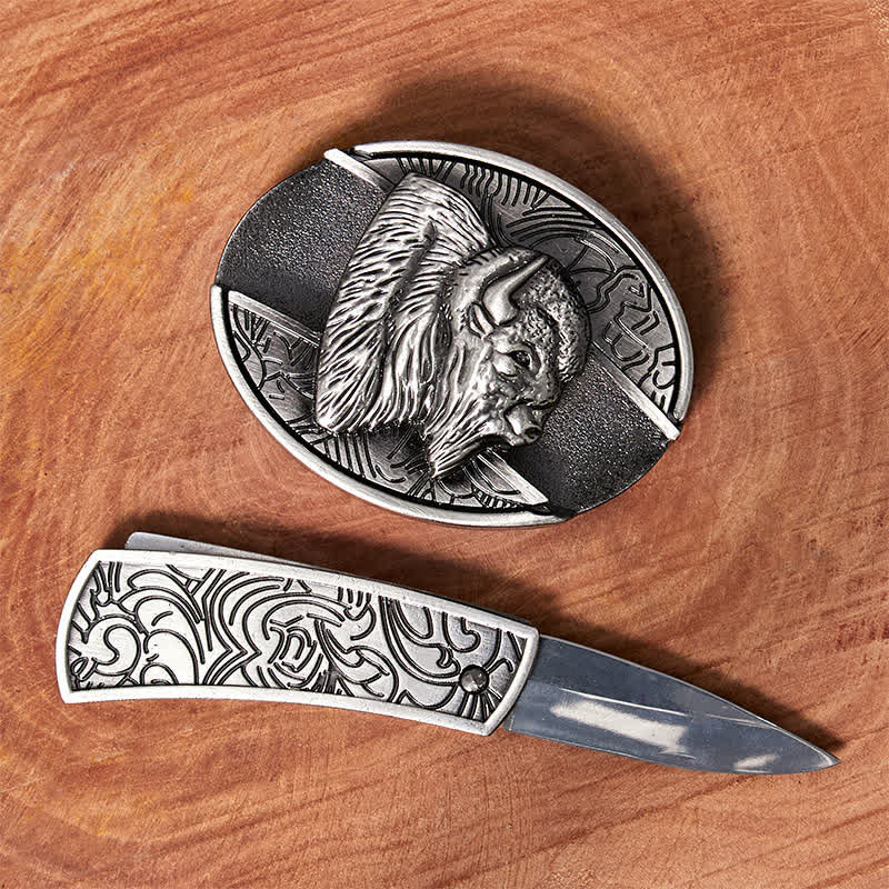 Cintura in pelle con coltello pieghevole nascosto fai da te Bison da uomo
