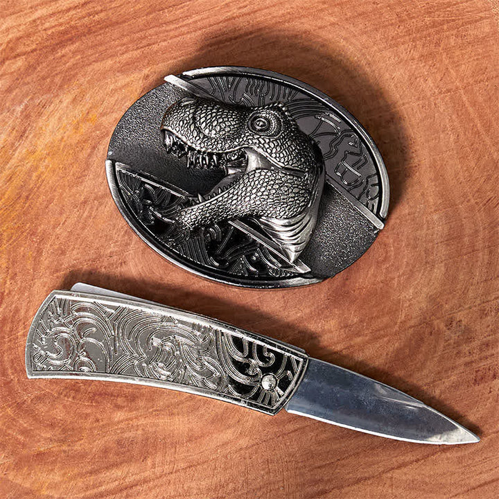 Cintura in pelle con coltello pieghevole nascosto a forma di dinosauro fai da te da uomo