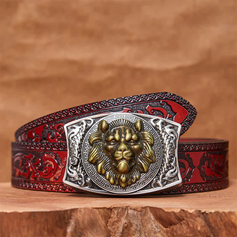 Cintura in pelle con coltello pieghevole nascosto con leone d'oro fai da te da uomo
